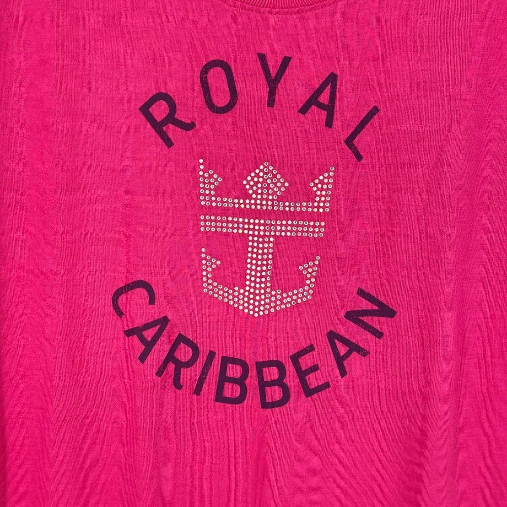 Royal Caribbean Womens XL T-Shirt Pink Rhinestones Crown Anchor Logo Short Slv - Picture 2 of 7